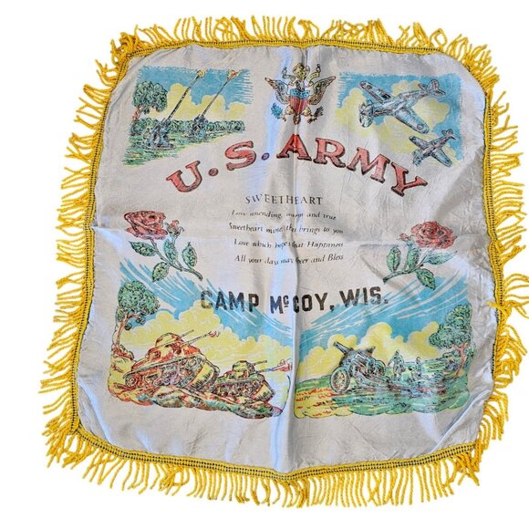 Vintage U.S. Army Camp McCoy WI Silk Satin Sweetheart Pillow Cover Fringe - Picture 1 of 10